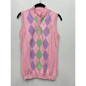 Masters Magnolia Lane Women's Golf Sweater Vest Size Small Pink Argyle Half Zip